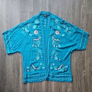 CURATIONS Turquoise Embroidered Kimono Cardigan XS S Lightweight Viscose Gauze